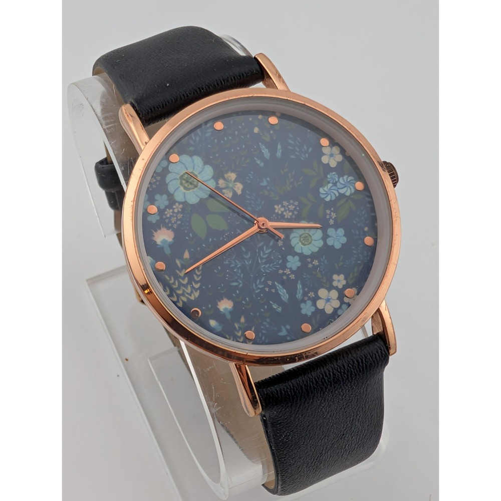 Women's‎ Floral Dial Watch 36mm Rose Gold Case Black Faux Leather Band- Working